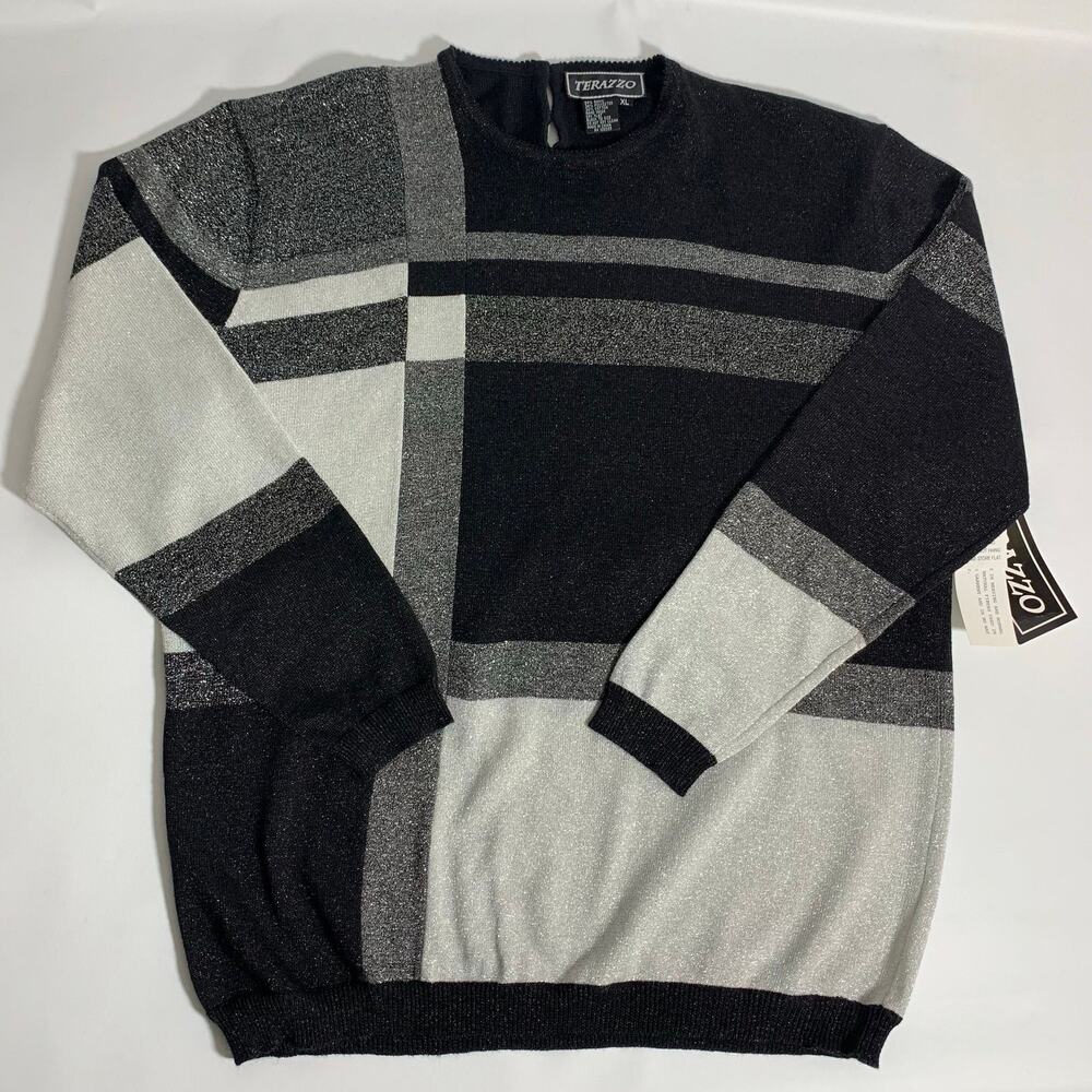 Terazzo Metallic Long Sleeve Retro Black Sweater Womens XL